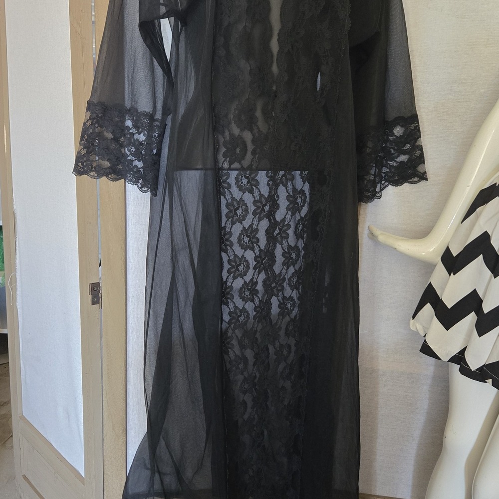 Vintage Sabrina Black Lace Robe Gown Coquette Goth